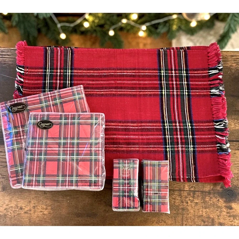 Red Plaid Christmas Paper Napkins CASPARI -5 Red Plaid Christmas Woven Placemats - Picture 2 of 9